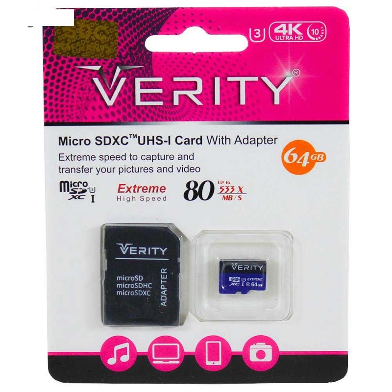 کارت حافظه microSDXC وریتی مدل 4K کلاس 10 استاندارد UHS-I U3 سرعت 80MBps ظرفیت 64 گیگابایت به همراه آداپتور SD